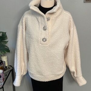 NWOT Express Cream Rhinestone Button Teddy Jacket Pullover Size XS